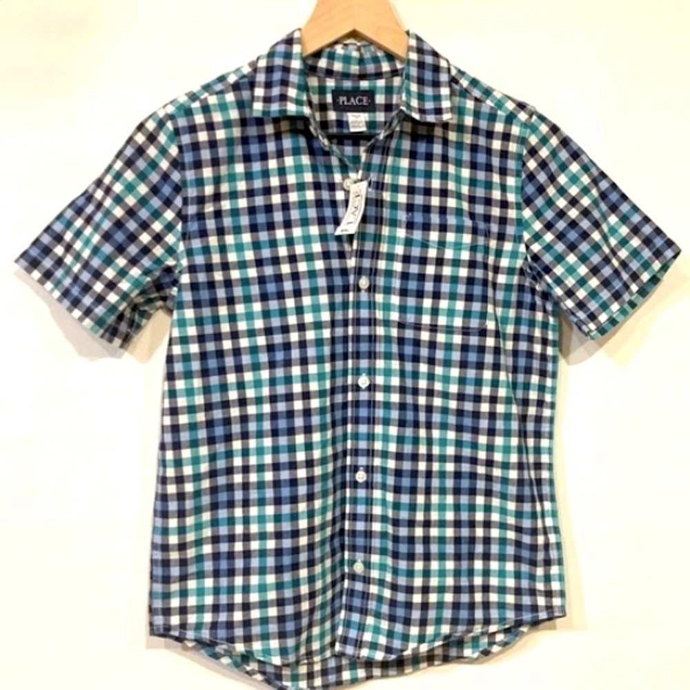 NWT Children’s Place Button Up Plaid Shirt 100% Cotton Forest Green/Blue 10-12 L